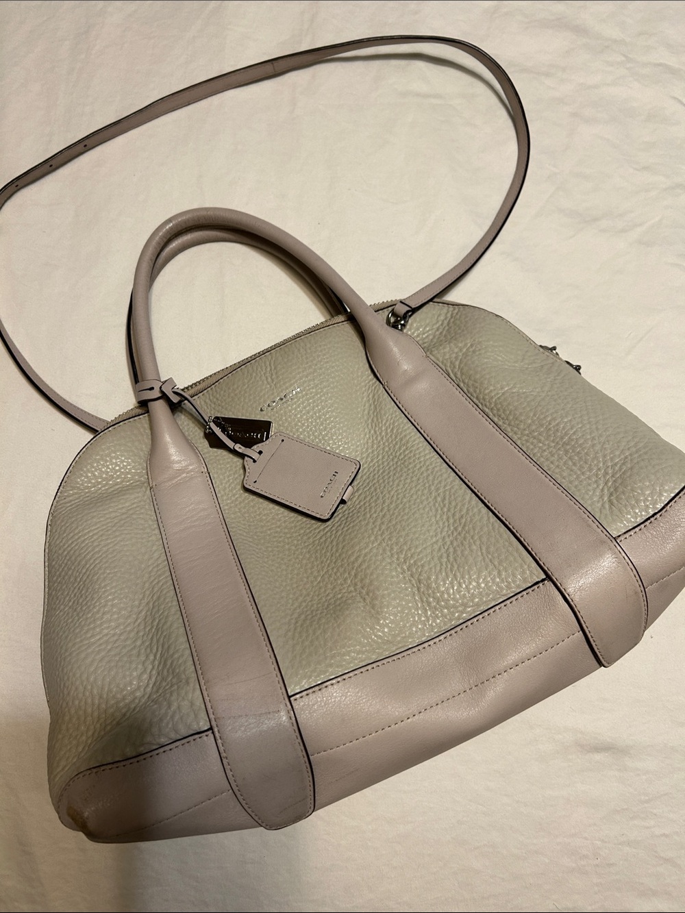 Coach Pebbled Leather Satchel in Light Taupe and Cream